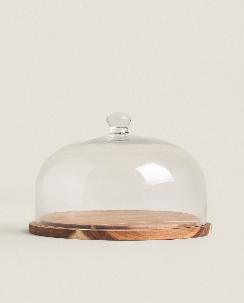 GLASS SERVING DISH WITH WOODEN BASE
