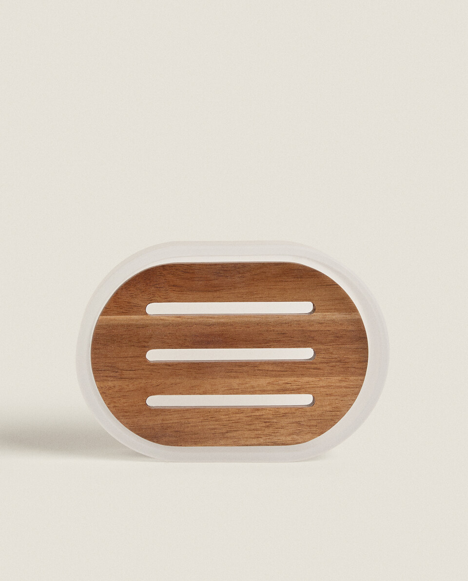 WOOD AND TRANSLUCENT GLASS SOAP DISH