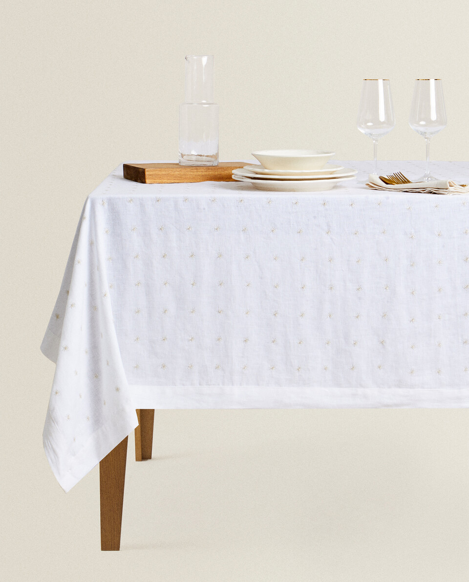 LINEN TABLECLOTH WITH EMBROIDERED STARS