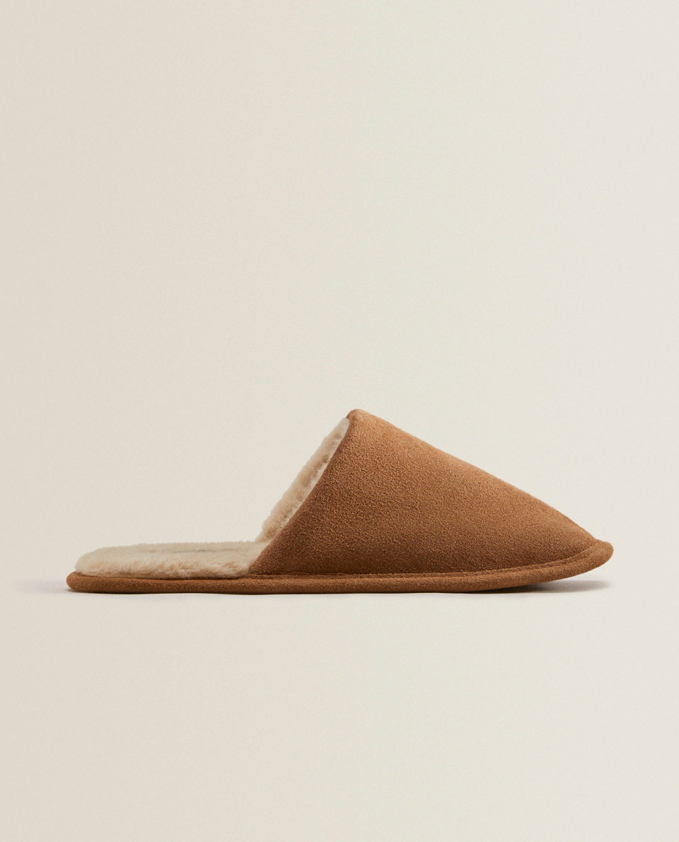 Warm leather mule clog slippers