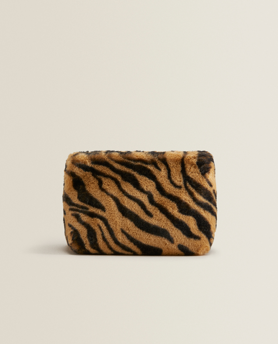 Faux fur tiger print cosmetic bag
