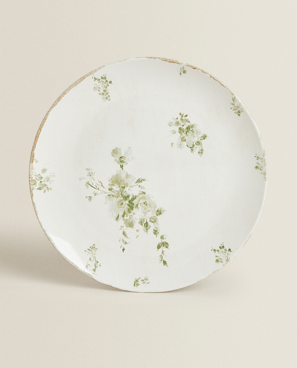 FLORAL SERVING DISH WITH ANTIQUE FINISH RIM