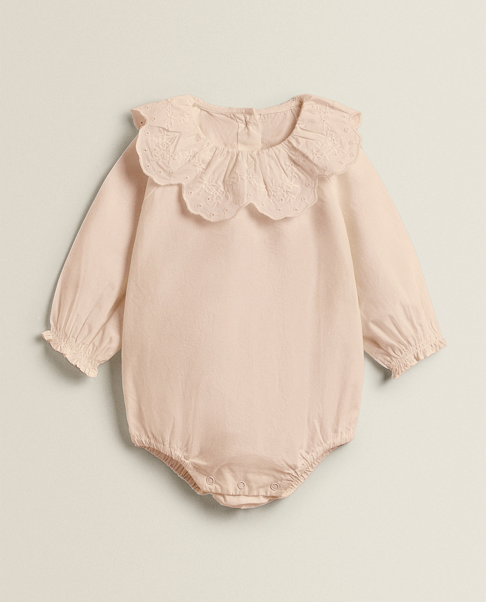 POPLIN BODYSUIT WITH EMBROIDERED COLLAR