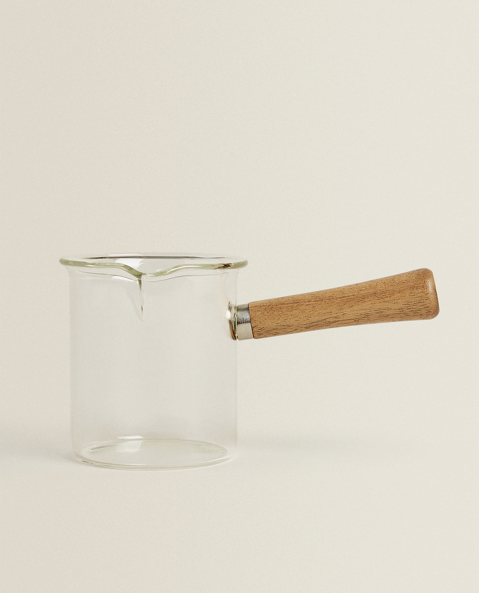 BOROSILICATE GLASS AND WOODEN MILK PITCHER