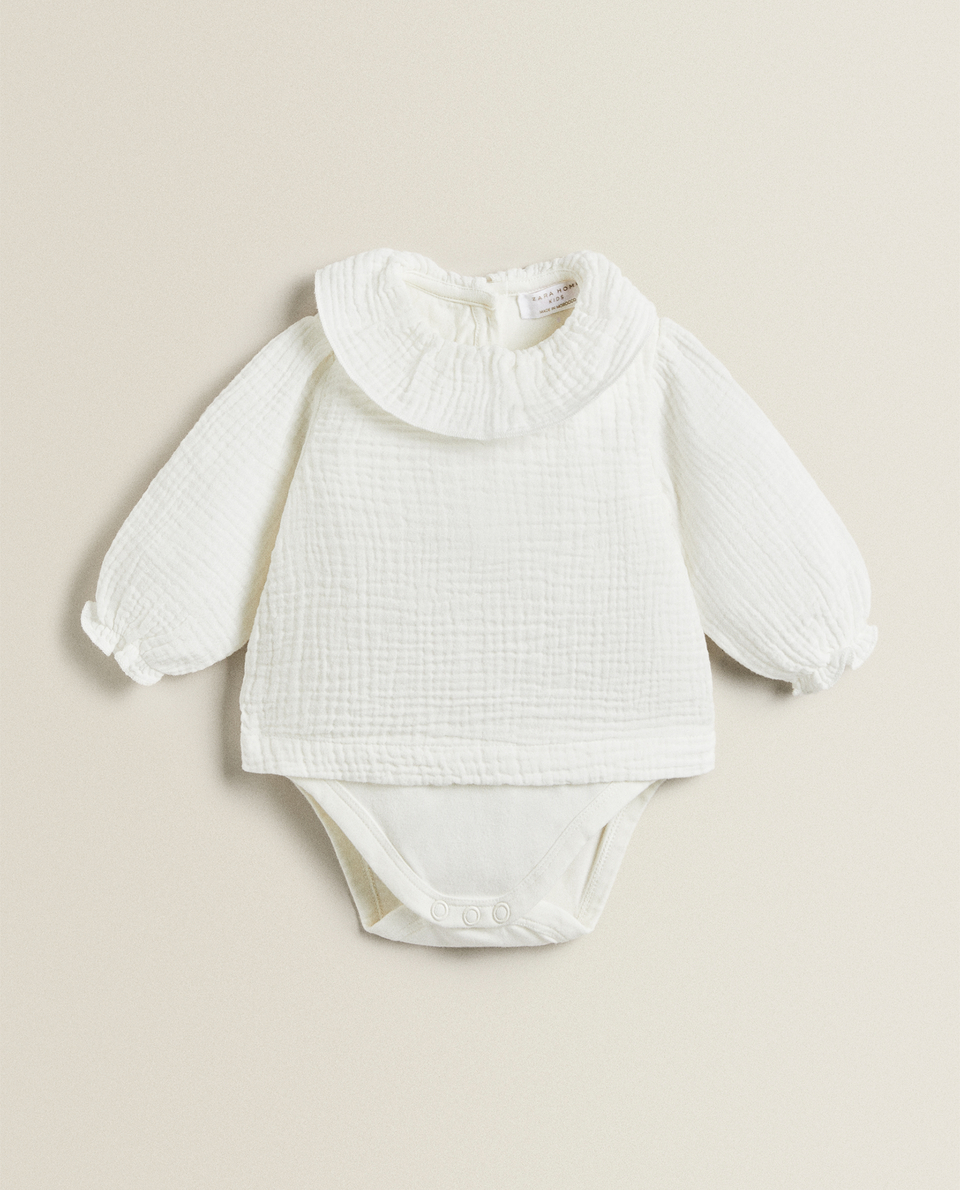 COTTON MUSLIN AND JERSEY BODYSUIT WITH RUFFLED COLLAR