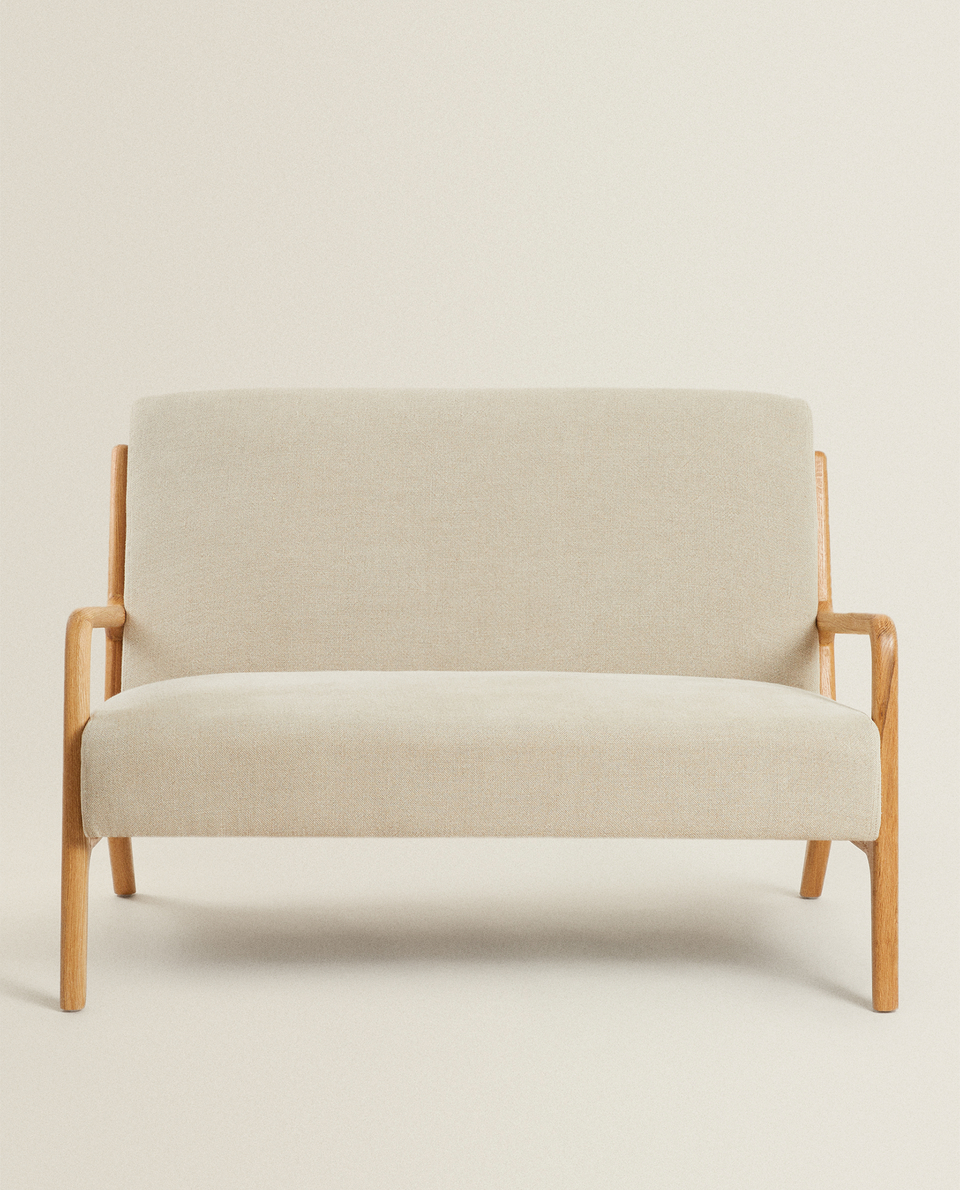 TWO-SEATER OAK AND LINEN ARMCHAIR