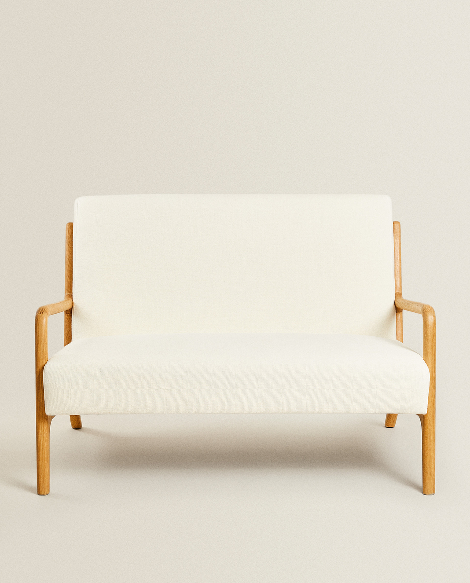 TWO-SEATER OAK AND LINEN ARMCHAIR