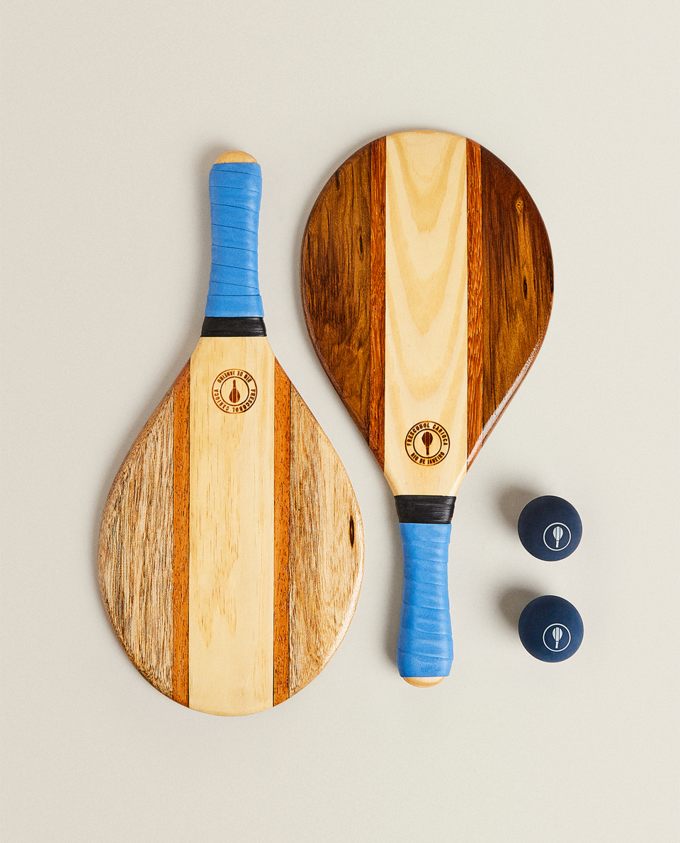 Wooden Frescobol Carioca beach racket set.