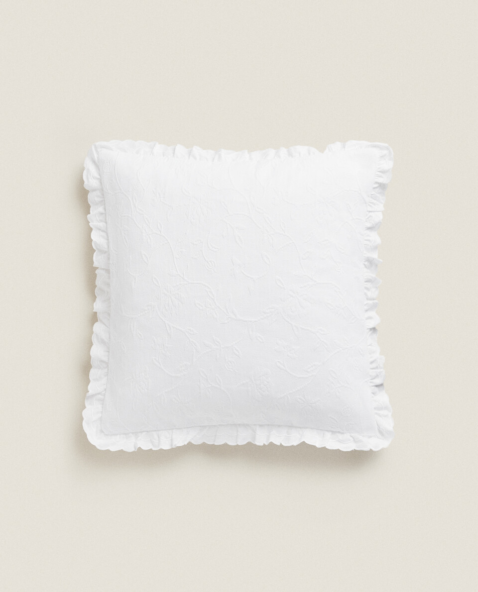FLORAL COTTON THROW PILLOW COVER WITH RUFFLE TRIM