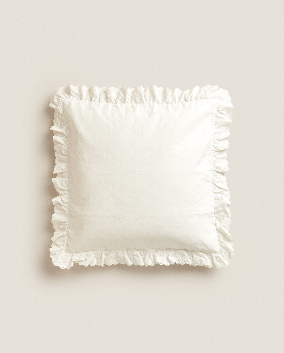 CUSHION COVER WITH EMBROIDERED RUFFLE TRIMS