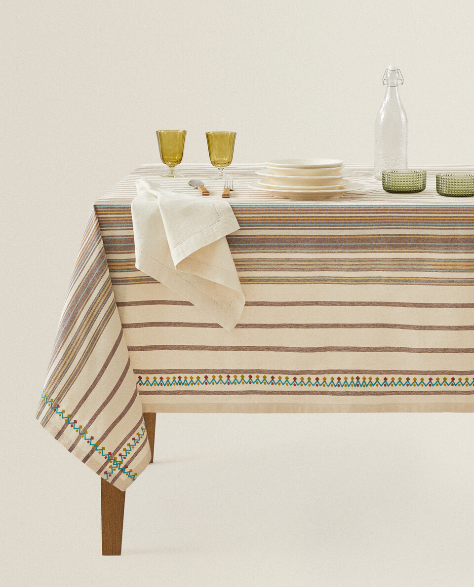 STRIPED AND EMBROIDERED TABLECLOTH