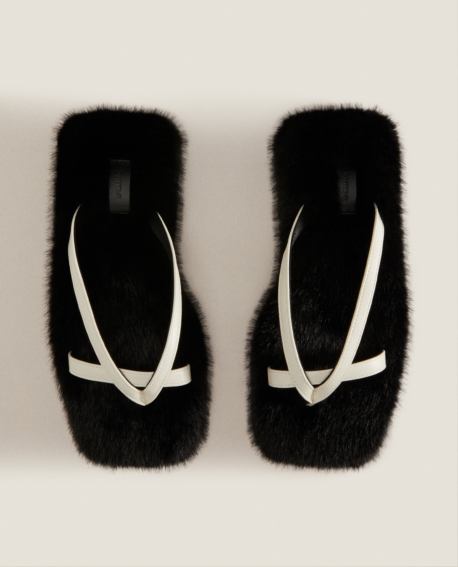 FAUX FUR SLIPPERS WITH CONTRAST STRAPS