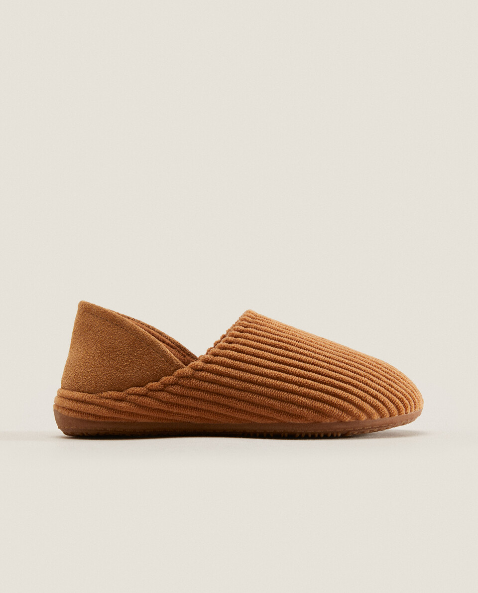 CORDUROY AND LEATHER BABOUCHE SLIPPERS