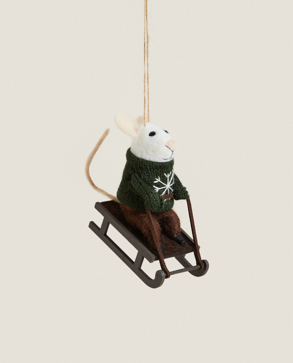 WOOL MOUSE IN SLEIGH CHRISTMAS DECORATION