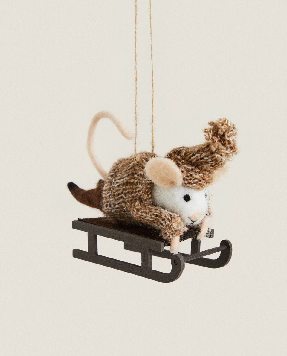 WOOL MOUSE IN SLEIGH WITH HAT CHRISTMAS DECORATION