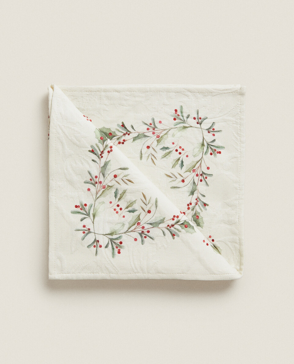 PACK OF JACQUARD COTTON CHRISTMAS HOLLY NAPKINS (PACK OF 2)