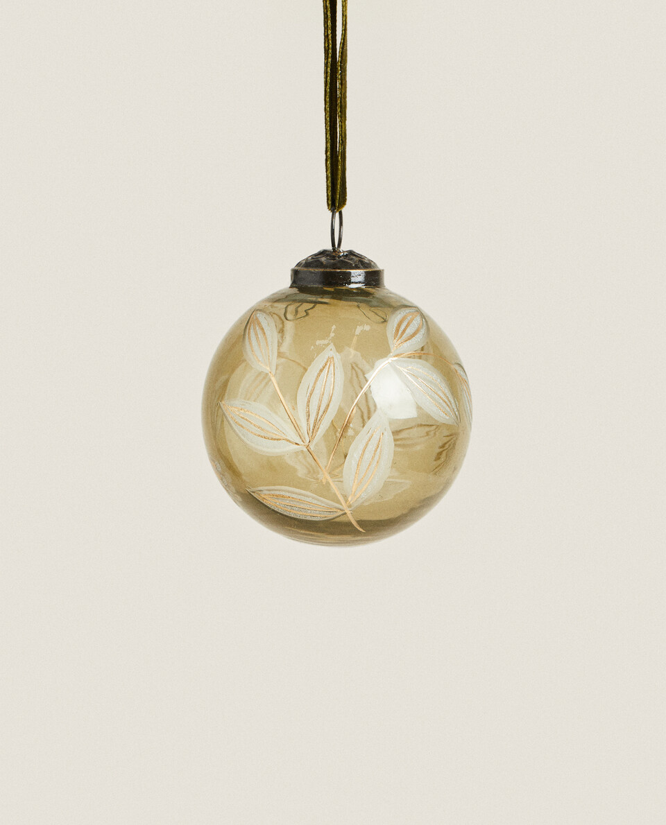 CHRISTMAS GLASS BAUBLE WITH LEAVES DECORATION