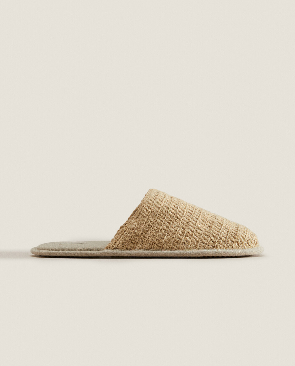 CONTRAST LINEN AND JUTE SLIPPERS