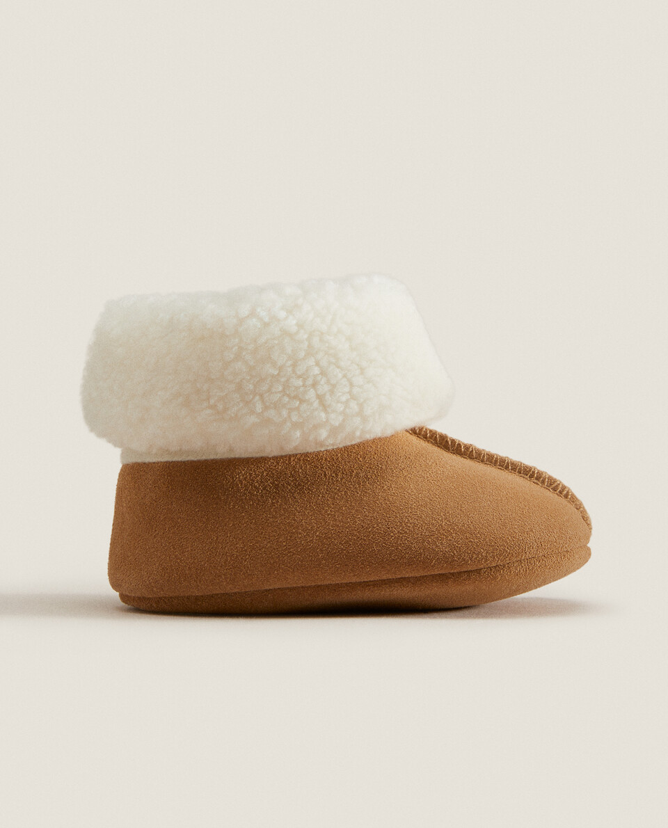 LEATHER BOOT SLIPPERS WITH FAUX SHEARLING LINING