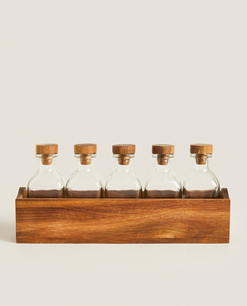 ACACIA WOOD SPICE JARS WITH RECTANGULAR SUPPORT BASE (SET OF 6)