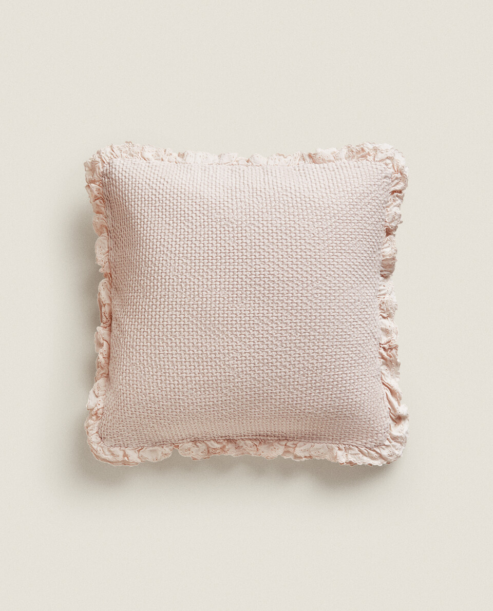 WAFFLE CUSHION COVER WITH EMBROIDERED RUFFLED TRIM