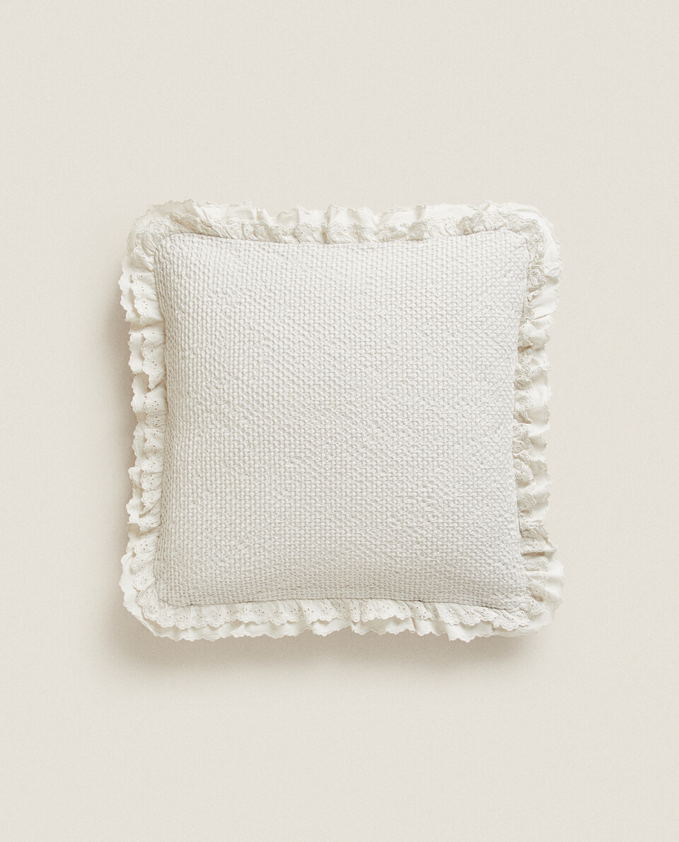 WAFFLE THROW PILLOW COVER WITH EMBROIDERED RUFFLED TRIM