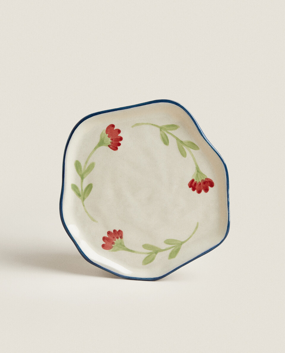 花卉圖案紅陶製甜點盤
