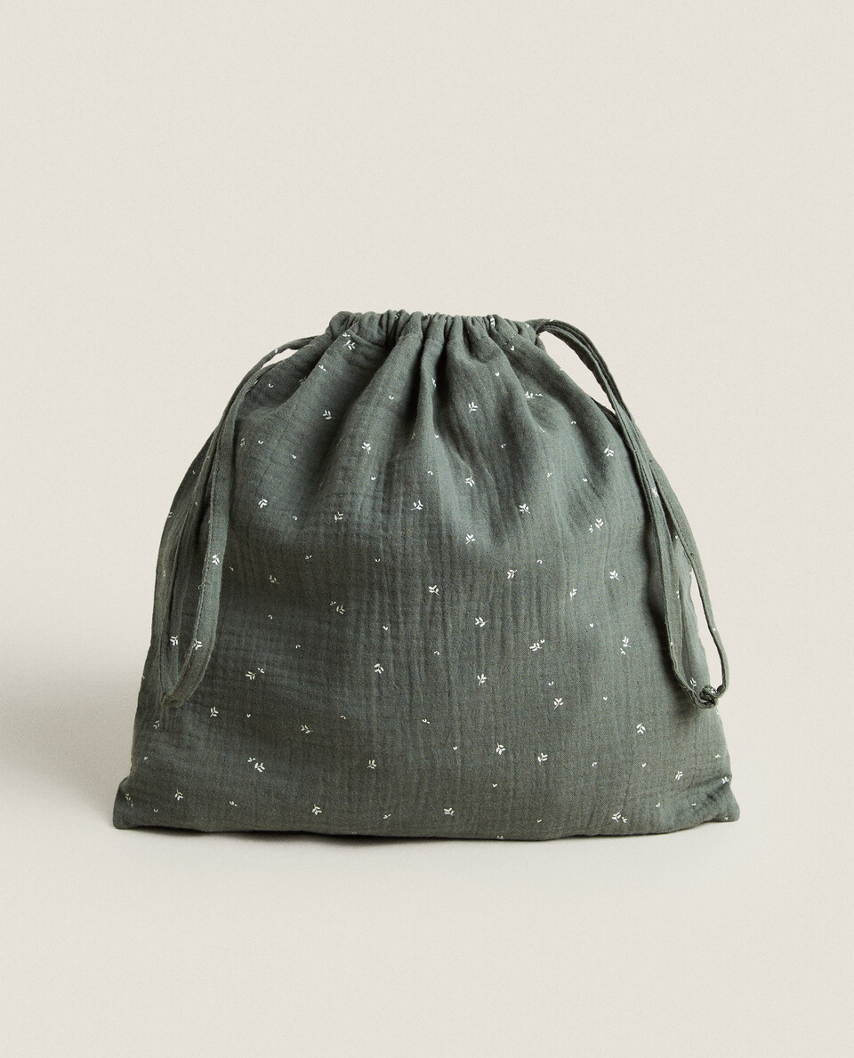 GREEN MUSLIN BAG WITH LEAVES