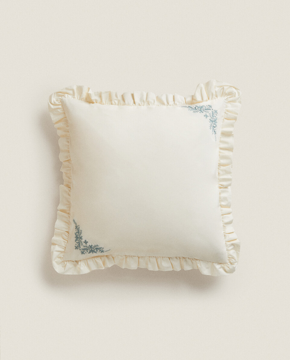 FLORAL EMBROIDERED CUSHION COVER WITH RUFFLE