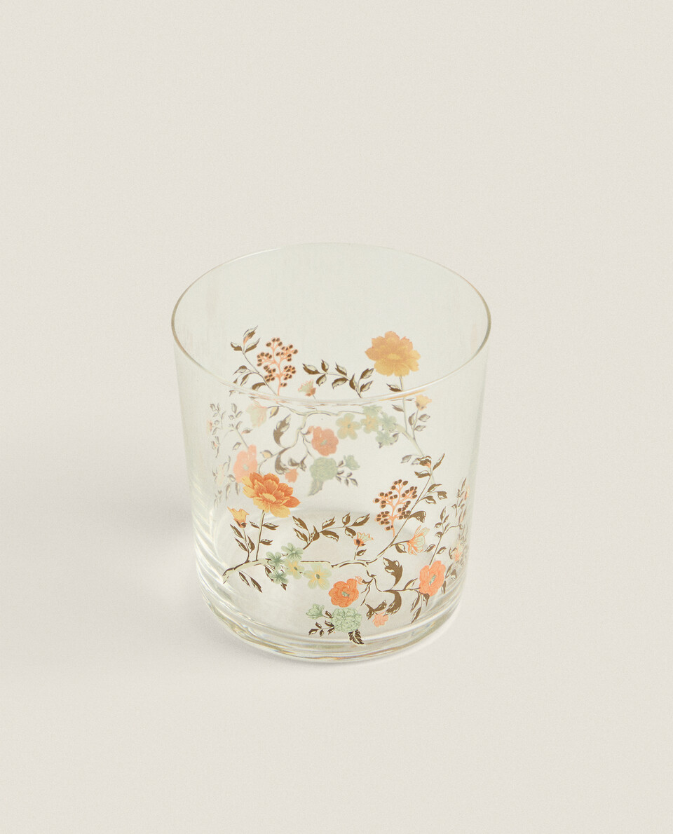 GLASS TUMBLER WITH FLORAL TRANSFER