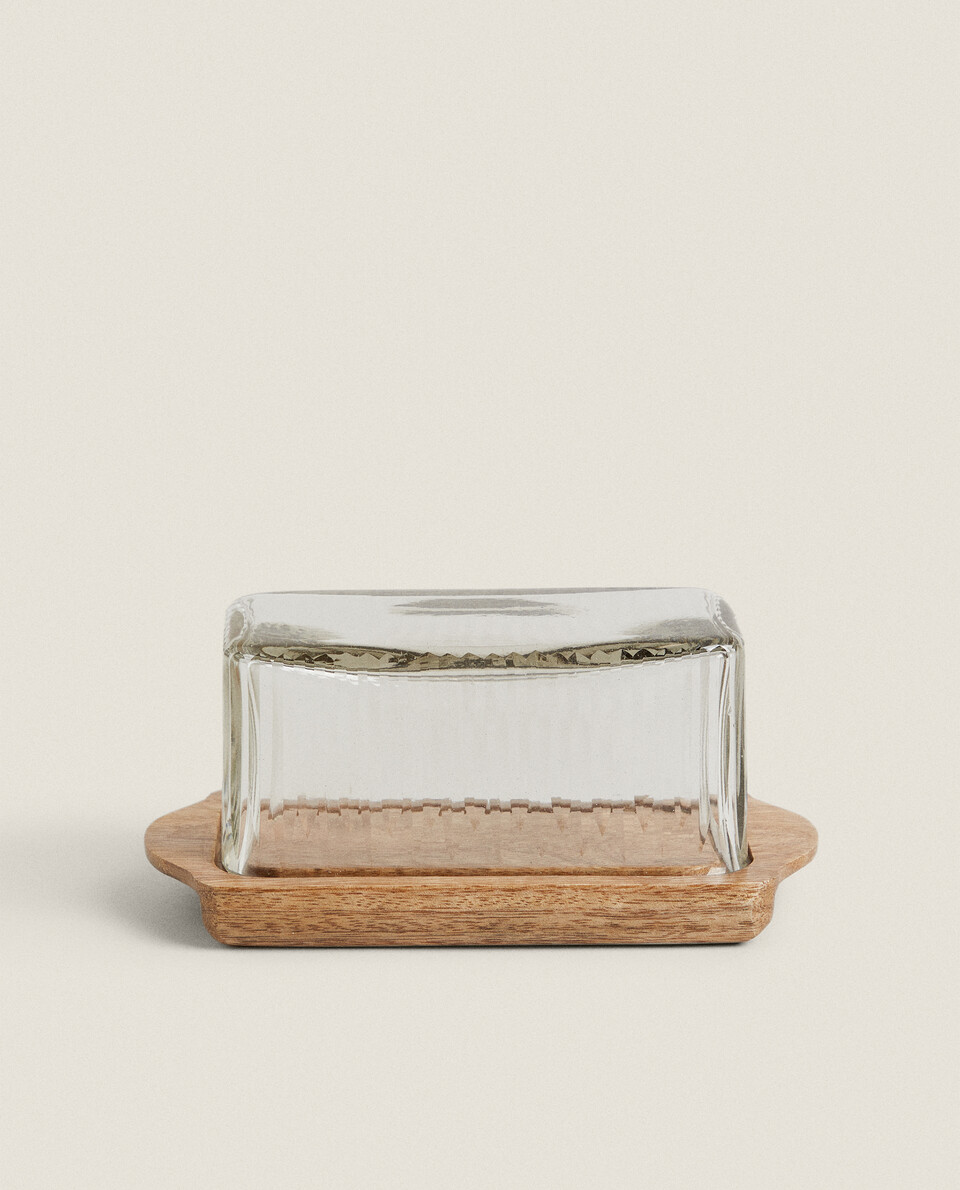 WOOD AND GLASS BUTTER DISH