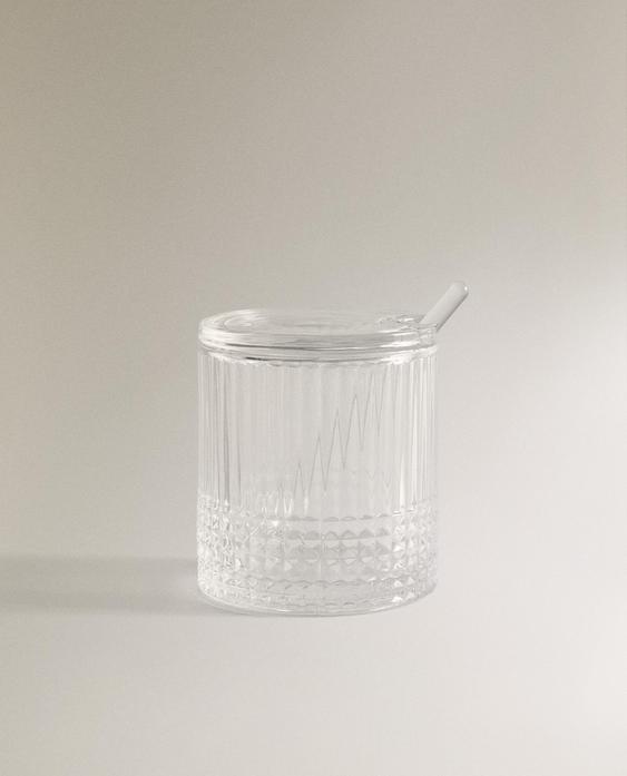 GLASS SUGAR BOWL WITH RAISED GEOMETRIC DESIGN