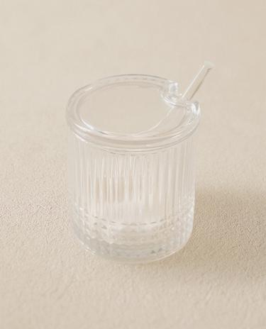 СТЕКЛЯННАЯ САХАРНИЦА С РЕЛЬЕФНЫМ ГЕОМЕТРИЧЕСКИМ УЗОРОМ