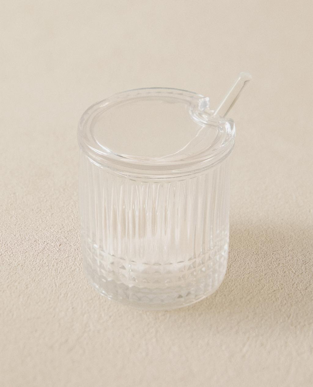 GLASS SUGAR BOWL WITH RAISED GEOMETRIC DESIGN