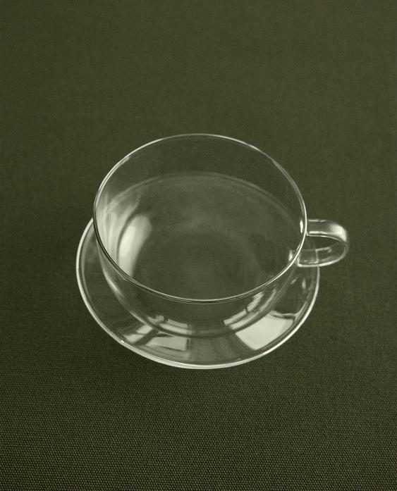 فنجان وطبق شاي من زجاج بوروسيليكات بحافة فضية