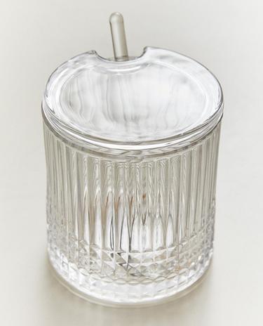 AÇUCAREIRO DE VIDRO COM RELEVO GEOMÉTRICO