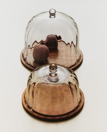 WOODEN CAKE PLATE WITH GLASS DOME
