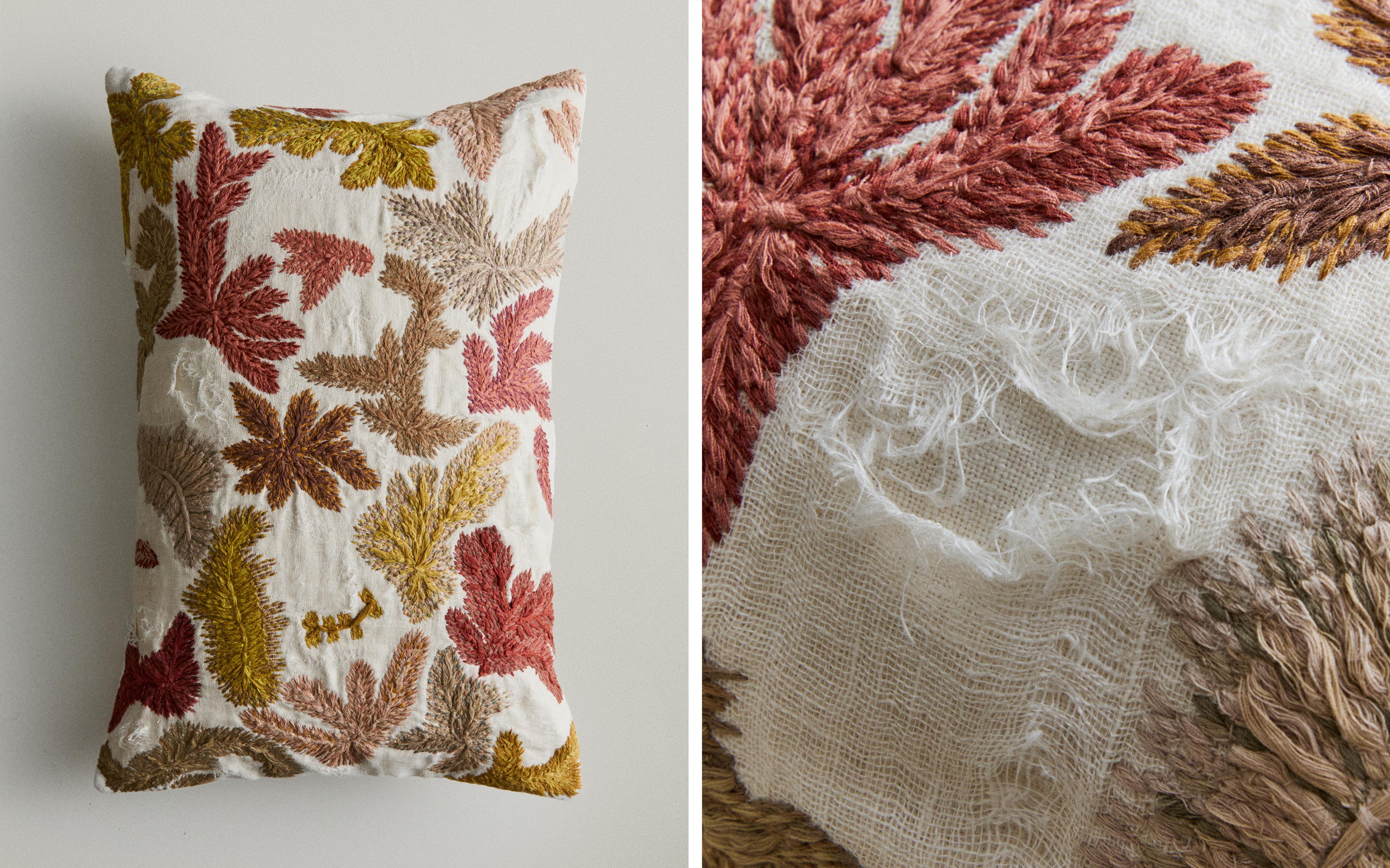 CUSHION COVER WITH EMBROIDERED LEAVES
