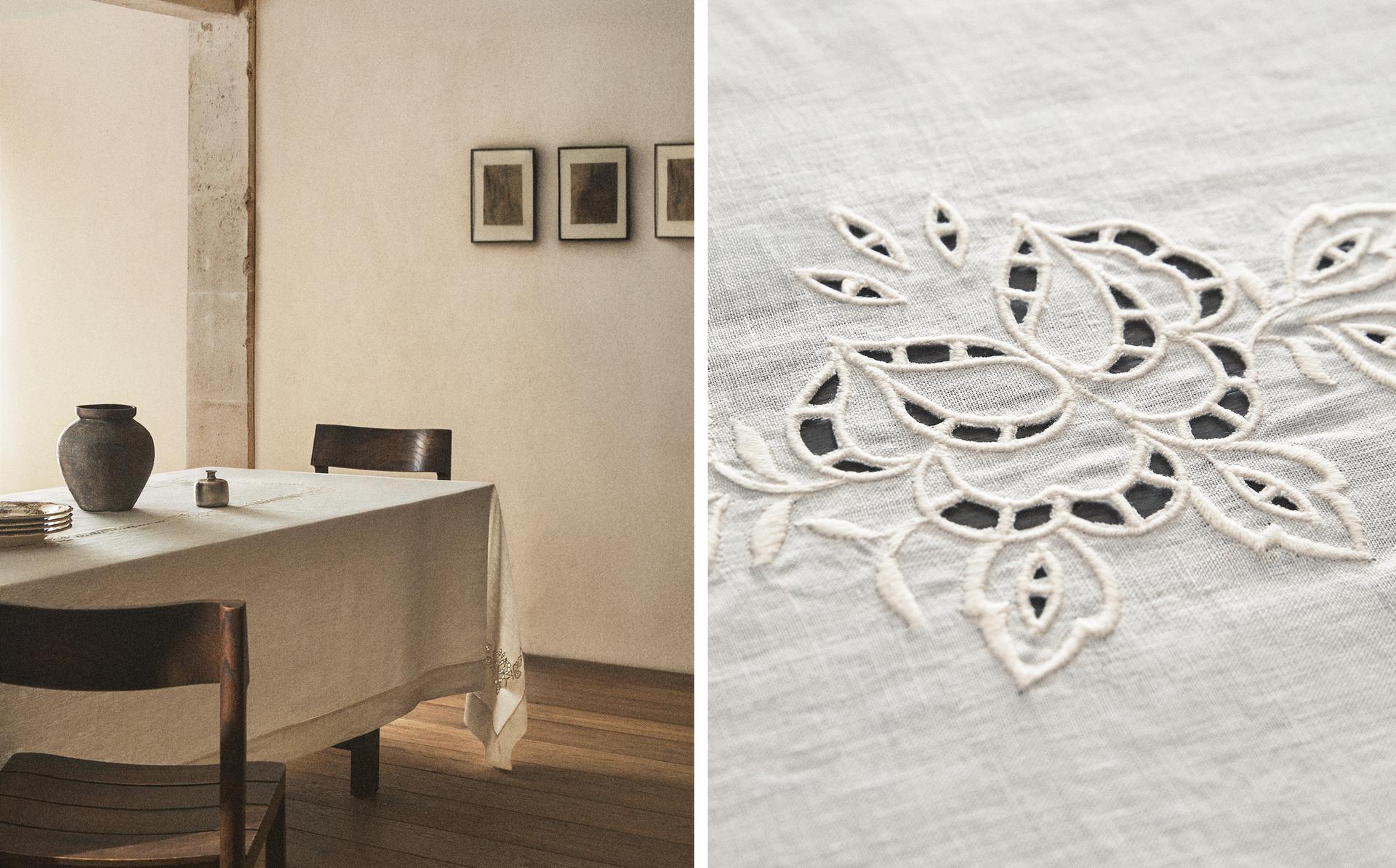 TOALHA DE MESA DE LINHO COM BORDADO FLORAL E ELEMENTO DECORATIVO TOALHA DE MESA DE LINHO COM BORDADO FLORAL E ELEMENTO DECORATIVO