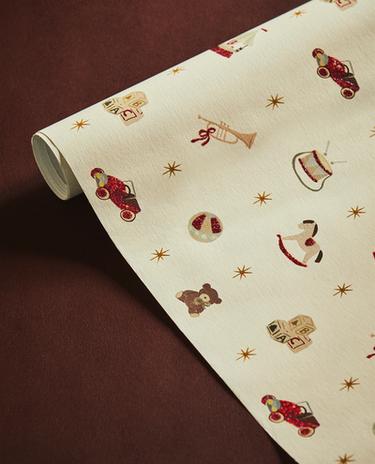 CHRISTMAS WRAPPING PAPER WITH TOYS AND GLITTER