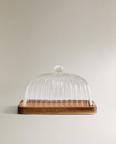 BOROSILICATE GLASS AND WOOD BUTTER DISH