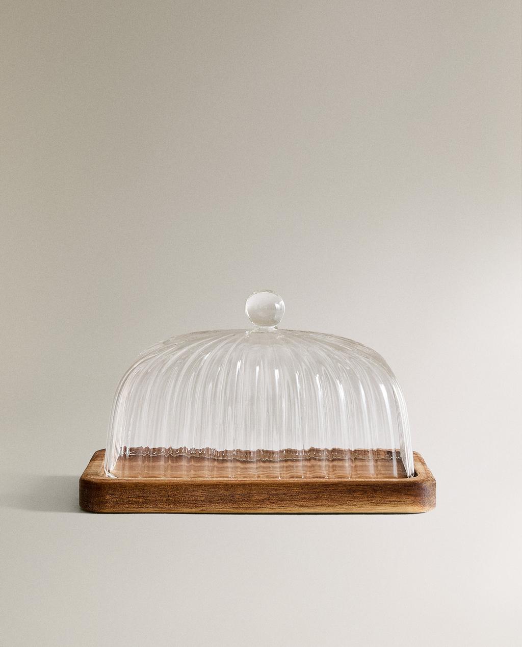 BOROSILICATE GLASS AND WOOD BUTTER DISH BOROSILICATE GLASS AND WOOD BUTTER DISH