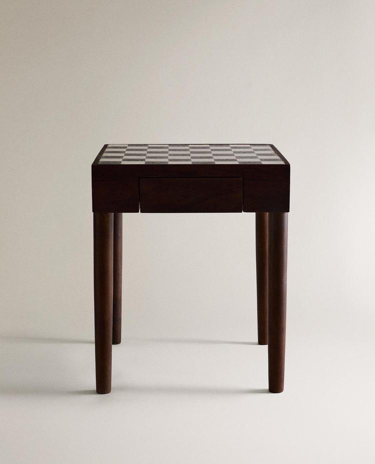 TEAK SIDE TABLE WITH MARBLE CHESS TOP