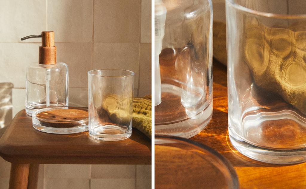 GLASS AND WOOD BATHROOM SET