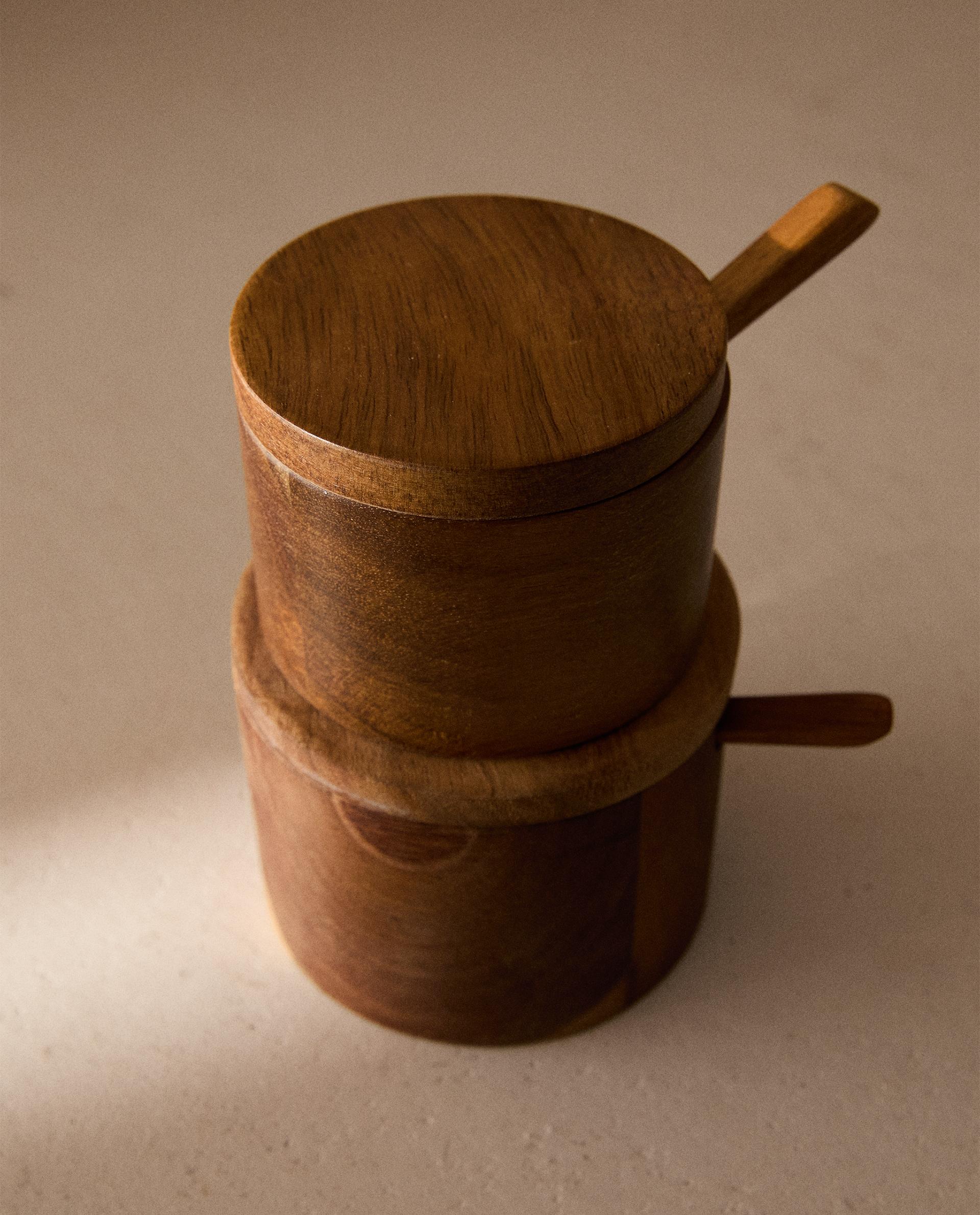 WOODEN SUGAR BOWL WITH SPOON