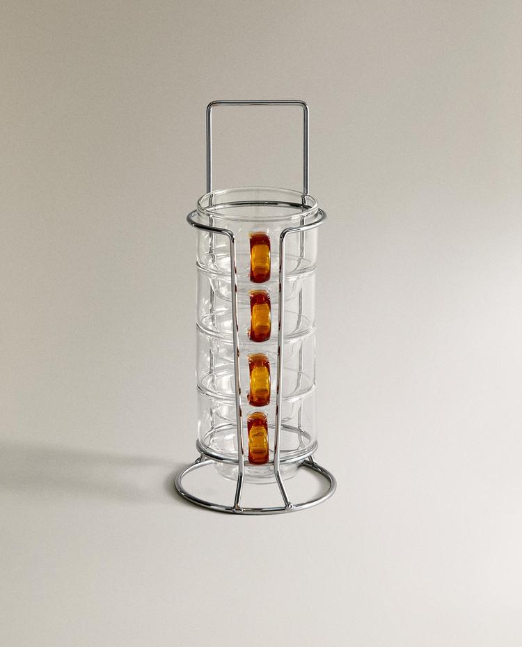 BOROSILICATE GLASS CUP TOWER WITH COLOURED HANDLE (SET OF 4)