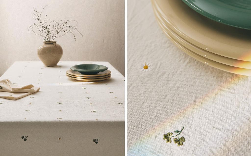 مفرش مائدة مطرز بالبرسيم وزهرة الأقحوان