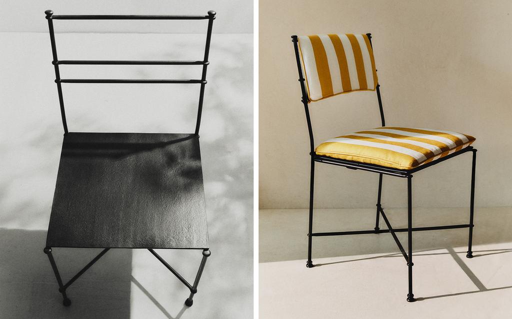 CHAISE EN FER FORGÉ ET COUSSINS À RAYURES