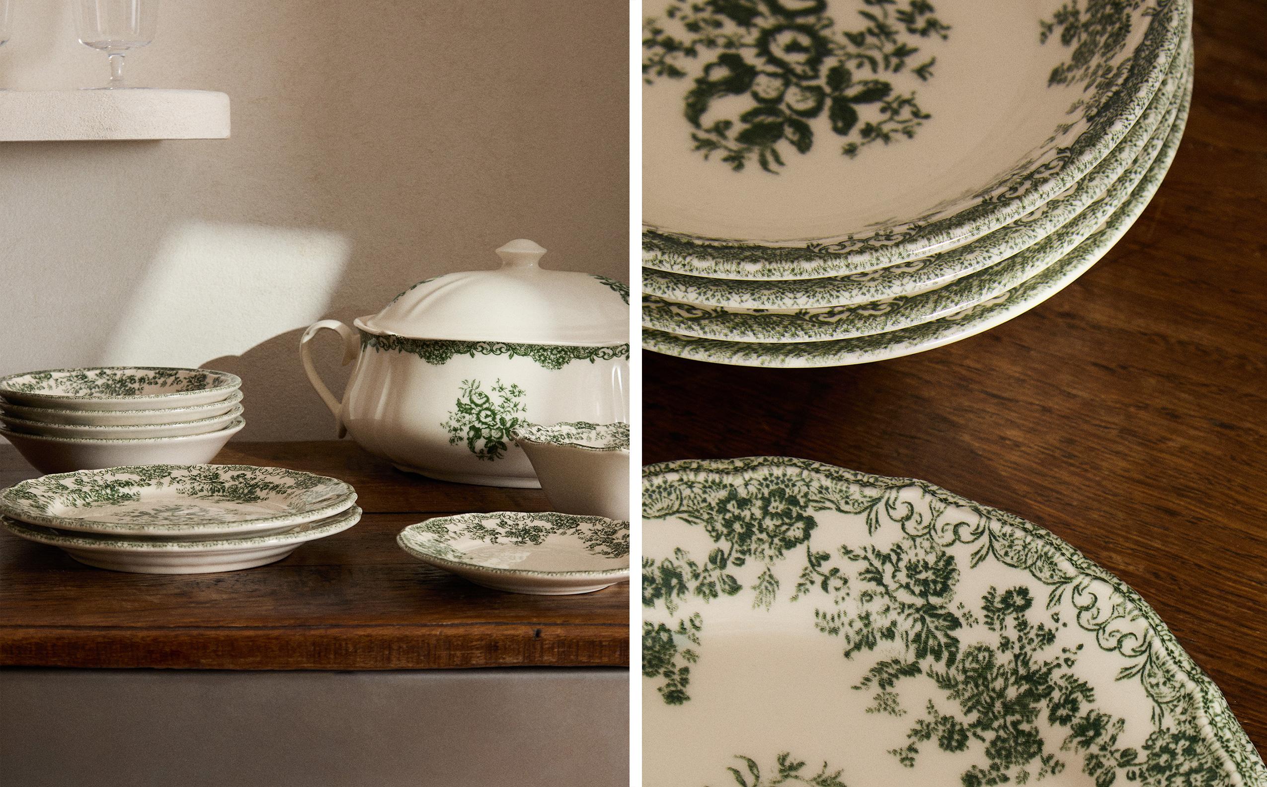 GREEN FLORAL EARTHENWARE DINNER SET