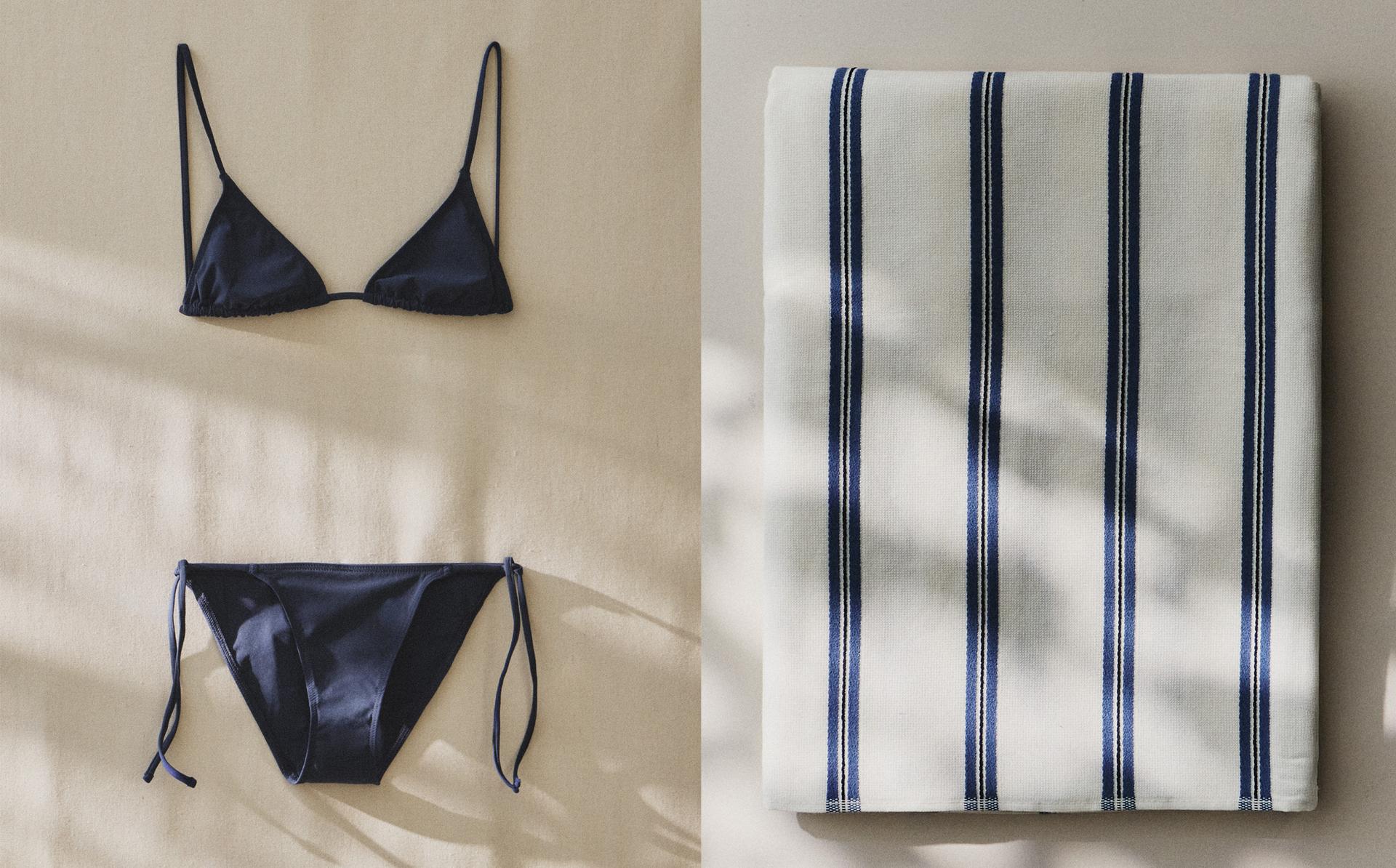 VELOUR BEACH TOWEL WITH THIN STRIPES AND BEACH BIKINI